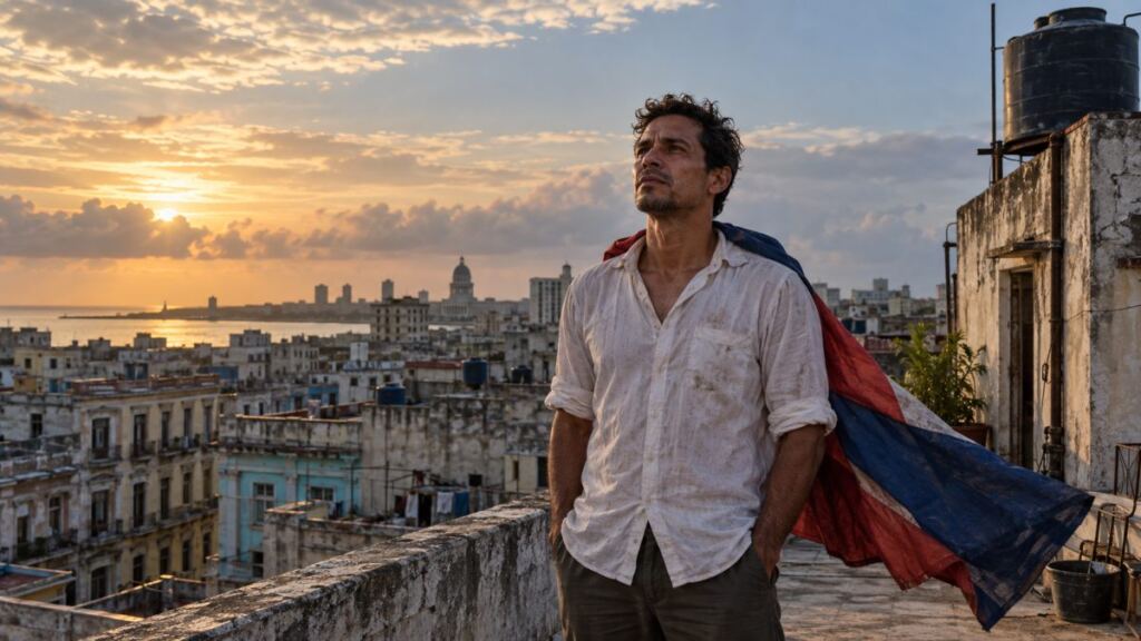 Hombre cubano con una capa simbólica sobre un tejado de La Habana al amanecer