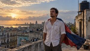 Hombre cubano con una capa simbólica sobre un tejado de La Habana al amanecer