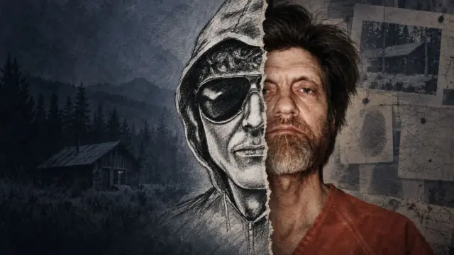 Ilustración editorial de Ted Kaczynski, con un retrato policial y un dibujo de búsqueda del FBI frente a una cabaña de Montana