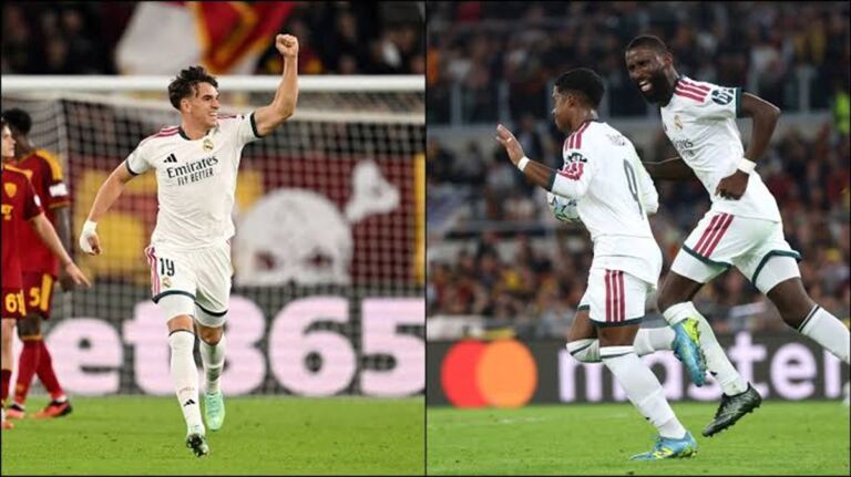 En la foto, Espí, Endrick y Rudiger, artífices de la remontada del Madrid