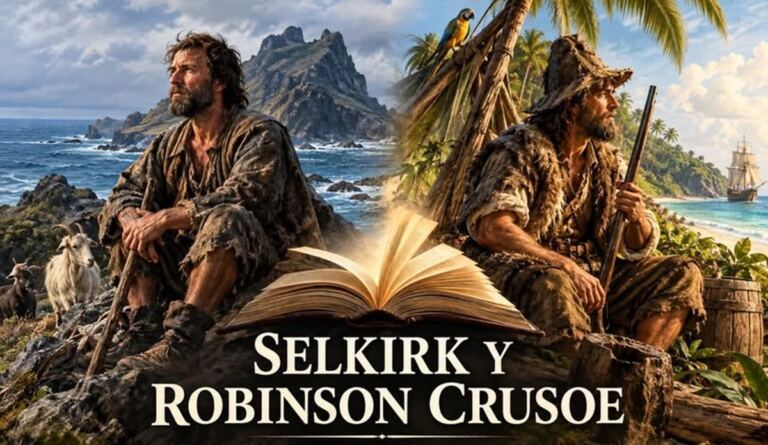 En la foto, una recreación en IA de Selkirk y Robinson Crusoe