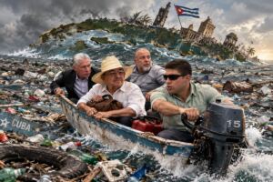 En la foto, una imagen de IA donde se ve a Cuba hundiéndose entre escombros y basura y los que mandan, huyendo