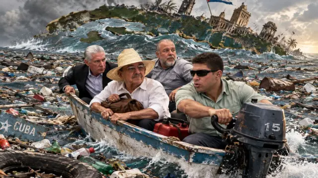 ¿Es el gobierno cubano de salvación nacional? 1 En la foto, una imagen de IA donde se ve a Cuba hundiéndose entre escombros y basura y los que mandan, huyendo