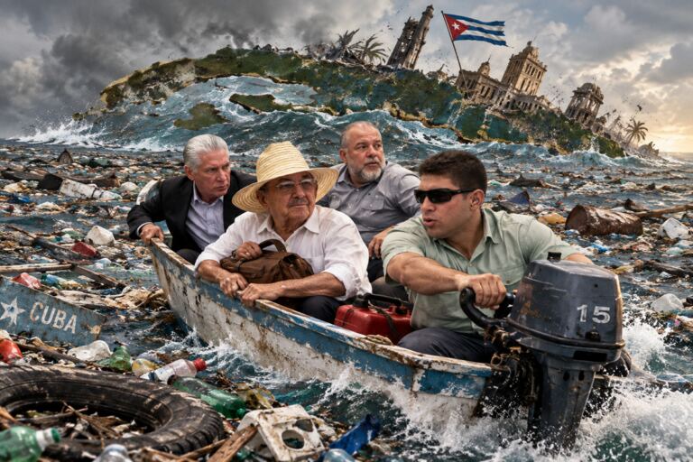¿Es el gobierno cubano de salvación nacional? 1 En la foto, una imagen de IA donde se ve a Cuba hundiéndose entre escombros y basura y los que mandan, huyendo