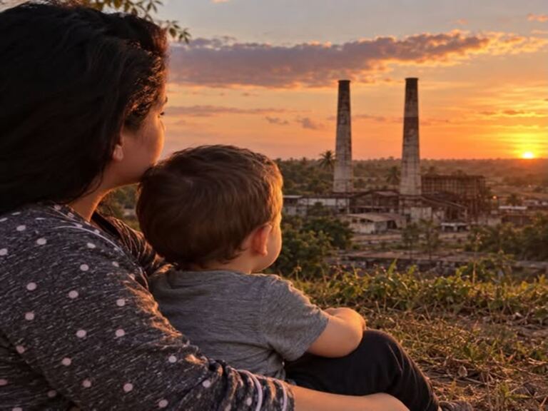 En la foto, una mujer con un niño mirando a la destruida Cuba