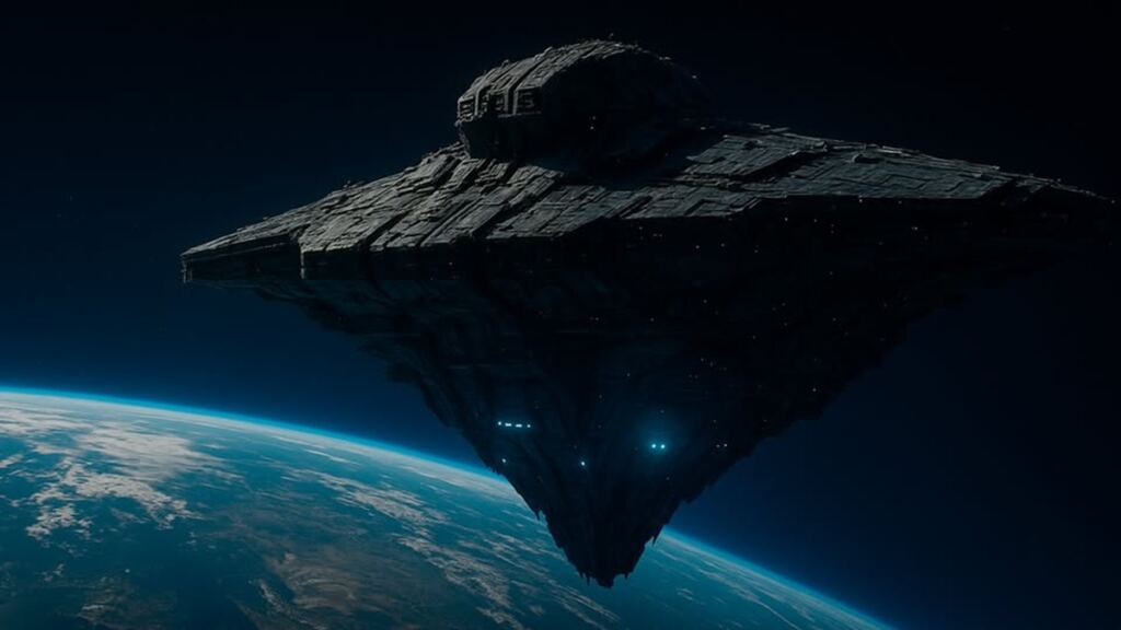 En la foto, una nave en el espacio, con la tierra de fondo