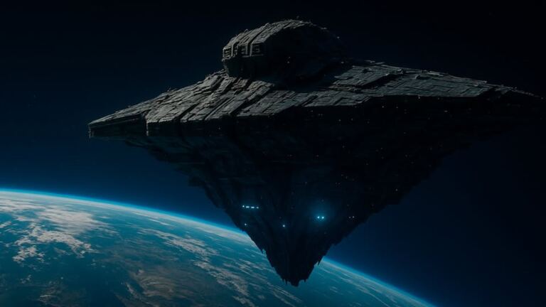 En la foto, una nave en el espacio, con la tierra de fondo
