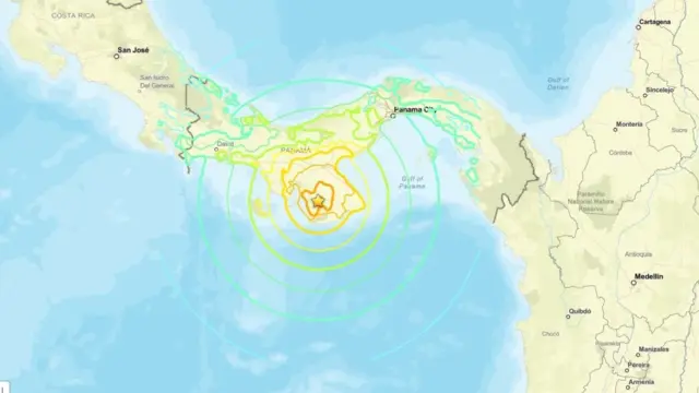 En la foto, Imagen difundida por el Servicio Geológico de Estados Unidos (USGS) del epicentro de un terremoto de 7,7 de magnitud que sacudió este viernes el sureste de Panamá