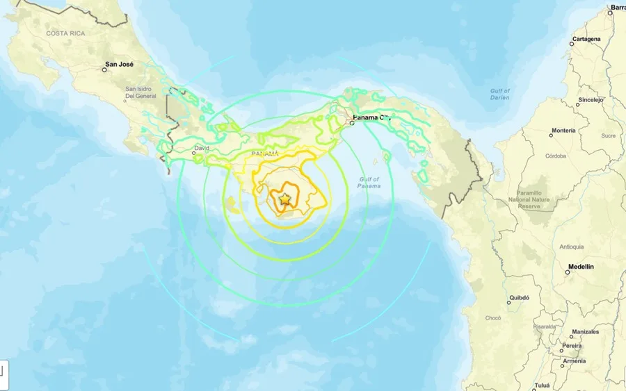 En la foto, Imagen difundida por el Servicio Geológico de Estados Unidos (USGS) del epicentro de un terremoto de 7,7 de magnitud que sacudió este viernes el sureste de Panamá
