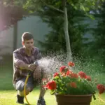 En la foto, un hombre riega unas flores