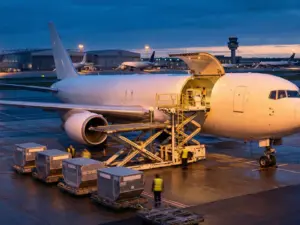 En la foto, un avión carga mercancías en un aeropuerto