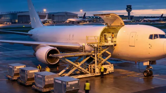 En la foto, un avión carga mercancías en un aeropuerto