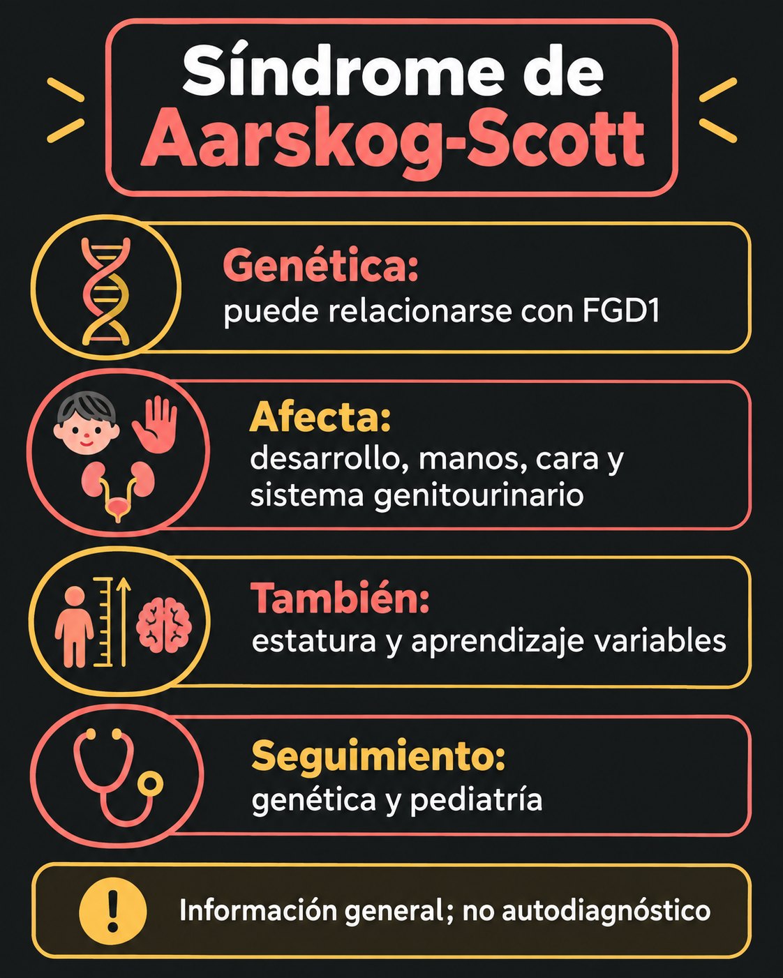 Infografía sobre genética, desarrollo y seguimiento del síndrome de Aarskog-Scott