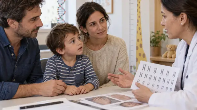 Niño y familia en consulta de genética clínica