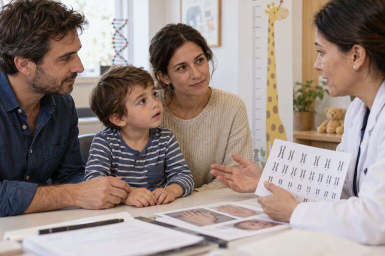 Niño y familia en consulta de genética clínica