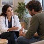 Paciente conversando con un profesional de medicina de adicciones en un entorno de apoyo