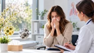Síntomas nasales, polen y consulta médica para ilustrar el tratamiento de las alergias