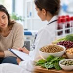 Consulta, análisis de sangre y alimentos con hierro para ilustrar la anemia