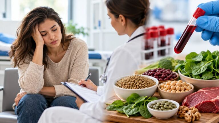 Consulta, análisis de sangre y alimentos con hierro para ilustrar la anemia