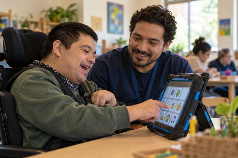 Adulto usando comunicación aumentativa con apoyo de un terapeuta en un centro comunitario