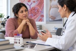 Paciente conversando con un hematólogo sobre el síndrome antifosfolipídico