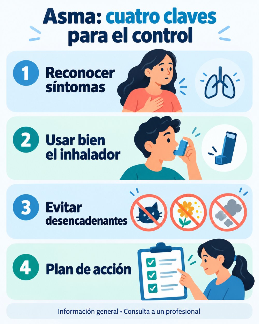 Infografía sobre reconocer síntomas, usar bien el inhalador, evitar desencadenantes y tener un plan de acción para el asma