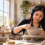 Mujer adulta en un taller de cerámica, con auriculares y acompañamiento, en una escena editorial sobre neurodiversidad.