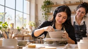 Mujer adulta en un taller de cerámica, con auriculares y acompañamiento, en una escena editorial sobre neurodiversidad.