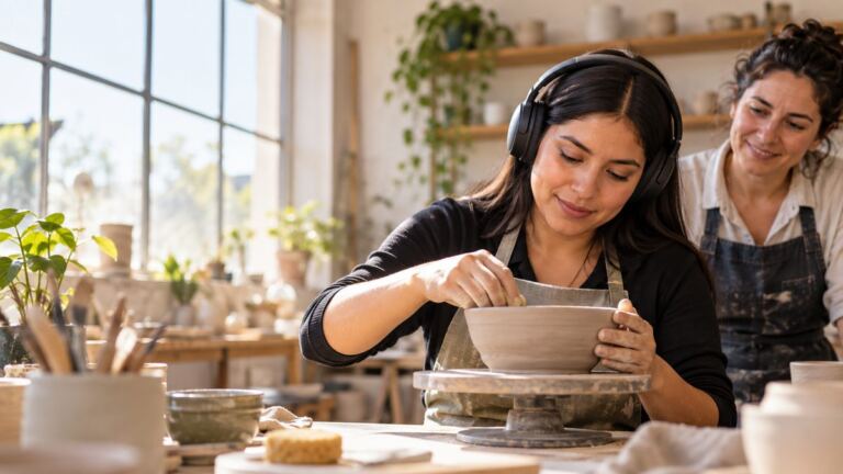 Mujer adulta en un taller de cerámica, con auriculares y acompañamiento, en una escena editorial sobre neurodiversidad.