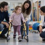 Niño usando apoyo para caminar con su familia y un equipo de rehabilitación