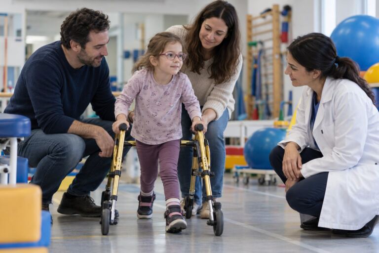 Niño usando apoyo para caminar con su familia y un equipo de rehabilitación