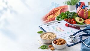 Análisis de sangre, alimentos saludables y corazón para ilustrar la prevención y el tratamiento del colesterol alto
