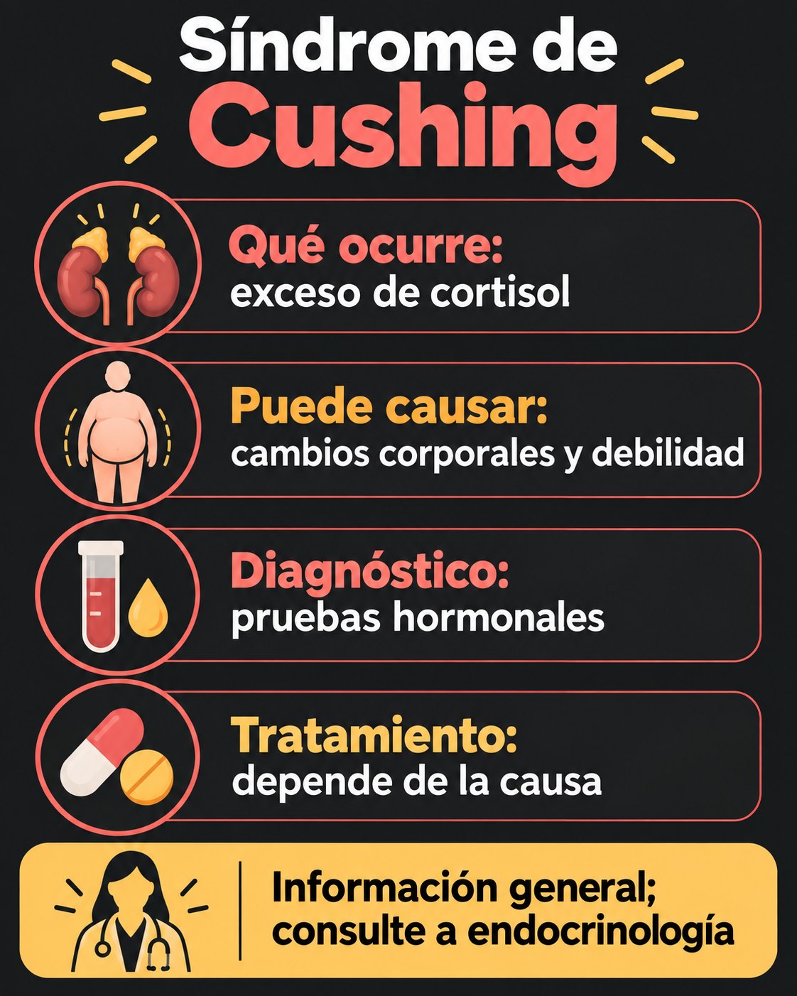 Síndrome de Cushing: síntomas, causas y tratamiento 2 Infografía sobre el exceso de cortisol, los síntomas y el diagnóstico del síndrome de Cushing