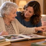 Persona mayor y cuidador revisando rutinas para ilustrar demencia y Alzheimer