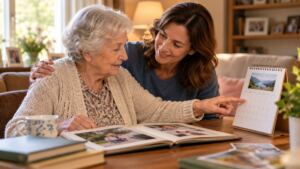 Persona mayor y cuidador revisando rutinas para ilustrar demencia y Alzheimer