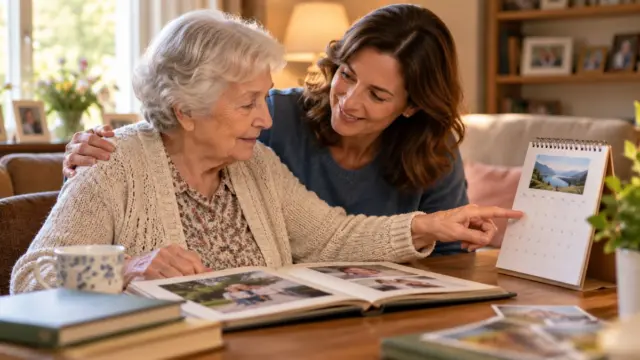 Persona mayor y cuidador revisando rutinas para ilustrar demencia y Alzheimer
