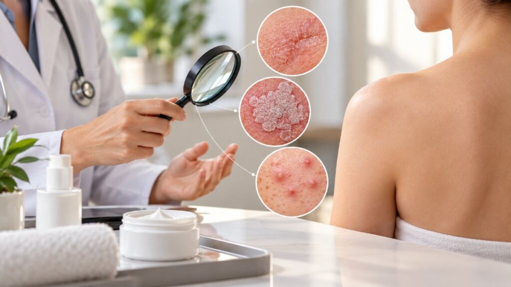 Consulta dermatológica para ilustrar dermatitis, psoriasis y acné