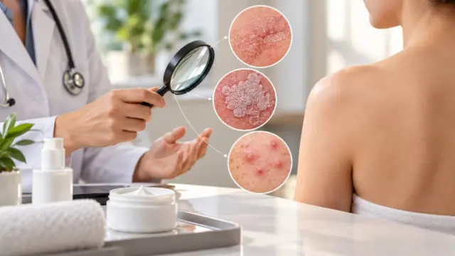Consulta dermatológica para ilustrar dermatitis, psoriasis y acné
