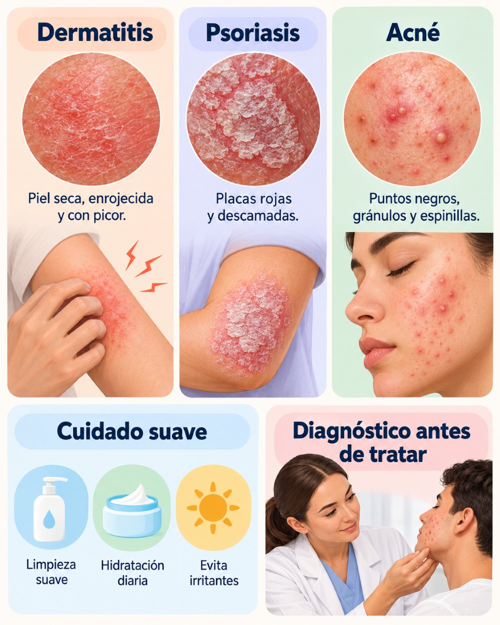 Infografía sobre dermatitis, psoriasis, acné y la importancia del diagnóstico