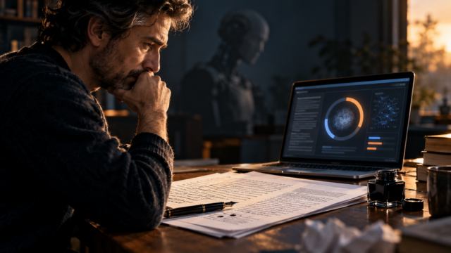 Escritor frente a un manuscrito y una pantalla con un detector de inteligencia artificial