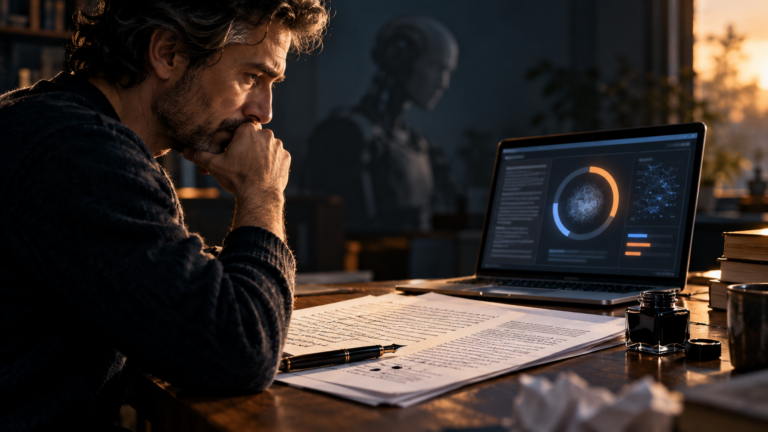 Escritor frente a un manuscrito y una pantalla con un detector de inteligencia artificial
