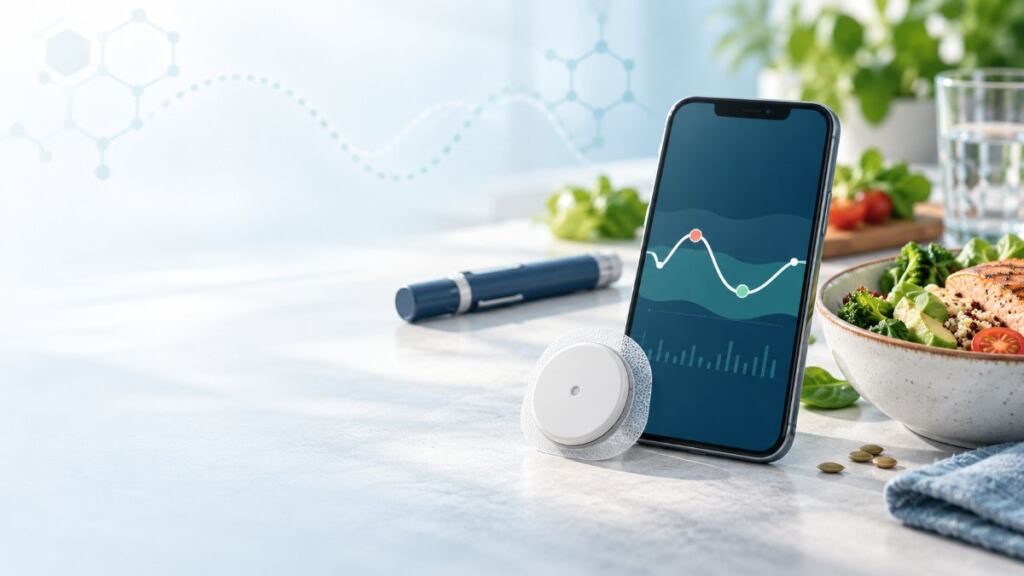 Sensor de glucosa, teléfono con tendencia de glucosa, alimentación saludable y dispositivo de insulina para ilustrar la diabetes tipo 2