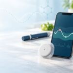 Sensor de glucosa, teléfono con tendencia de glucosa, alimentación saludable y dispositivo de insulina para ilustrar la diabetes tipo 2