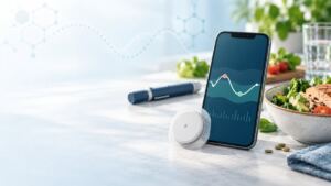 Sensor de glucosa, teléfono con tendencia de glucosa, alimentación saludable y dispositivo de insulina para ilustrar la diabetes tipo 2