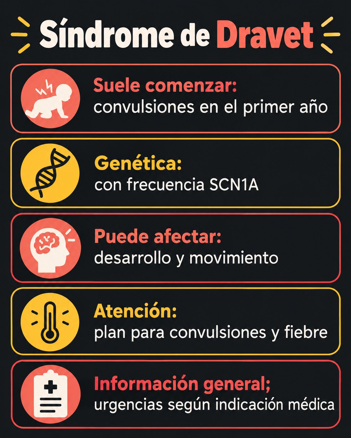 Infografía sobre el síndrome de Dravet, sus síntomas y cuidados