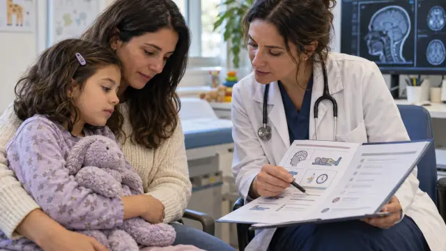 Familia y neuróloga pediátrica revisando un plan de cuidados para síndrome de Dravet