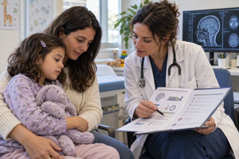 Familia y neuróloga pediátrica revisando un plan de cuidados para síndrome de Dravet