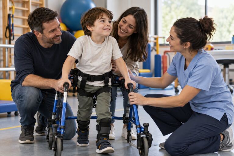 Niño usando apoyo de movilidad con sus padres y una fisioterapeuta neuromuscular