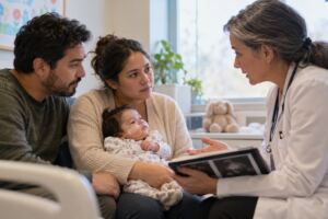 Imagen de una familia en consulta de genética clínica para un artículo sobre el síndrome de Edwards