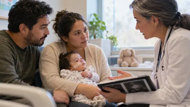 Imagen de una familia en consulta de genética clínica para un artículo sobre el síndrome de Edwards
